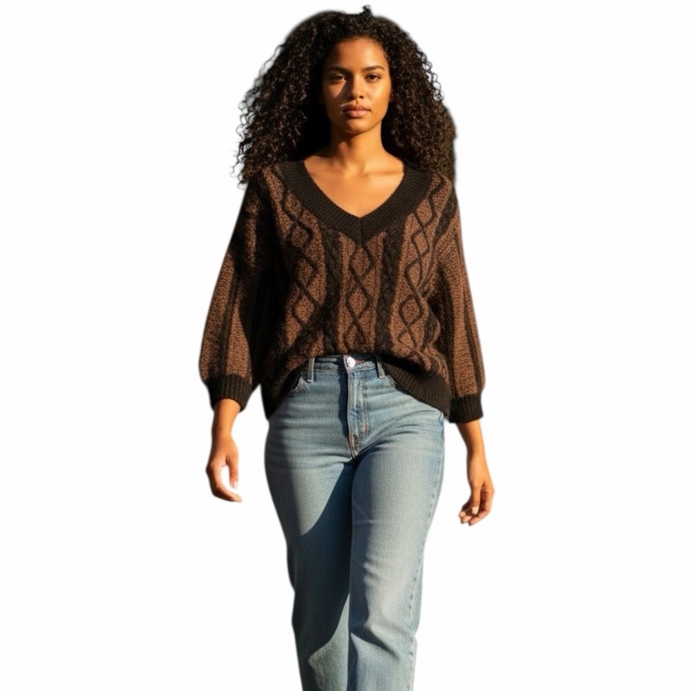 POL•Brown Black V Neck Oversized Sweater